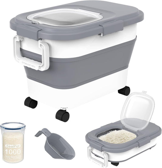 HOYTAMDA 20-30Lbs Rice Container,Collapsible Airtight Food Storage Containers with Wheels,Handle,Rice Storage Container with Small Bin and Scoop,Rice Dispenser for Flour Sugar Cereal Grain Dog Cat