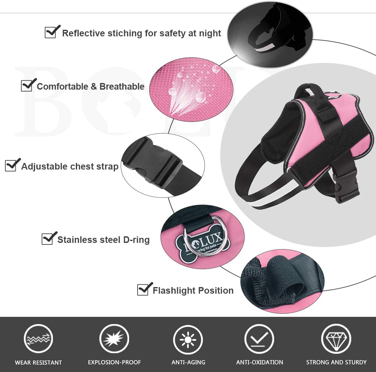 Bolux Dog Harness, No-Pull Reflective Dog Vest, Breathable Adjustable Pet Harness with Handle for Outdoor Walking - No More Pulling, Tugging or Choking (Pink, S)