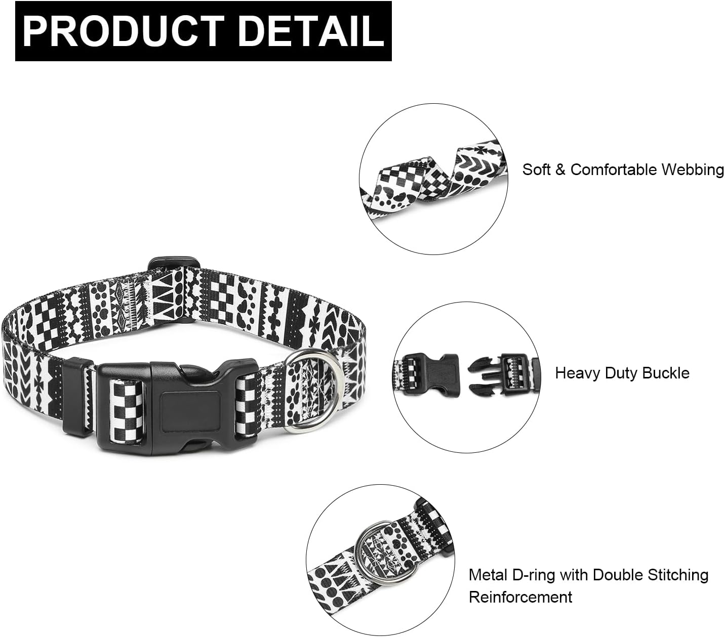 Mercano Adjustable Dog Collar - Special Design Patterns, Soft Nylon Comfortable Durable Pet Collar for Small Medium Large Dogs (XS, Black White A)