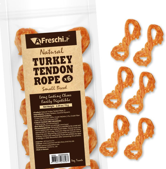 Afreschi Turkey Tendon Rope (S) 6 Pieces per Pack, USA-Sourced Turkey Tendon, All Natural Human Grade Puppy Chew, Hypoallergenic, Rawhide Alternative, Dog Treats for Small Breeds