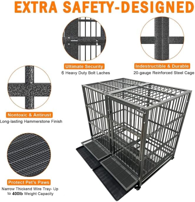 54/48/42/38 Inch Heavy Duty Dog Crate Cage with Wheels, Indestructible and Escape Proof Steel Kennel Indoor for High Anxiety Dogs with Sturdy Locks, Double Door and Tray, Extra Large XL XXL