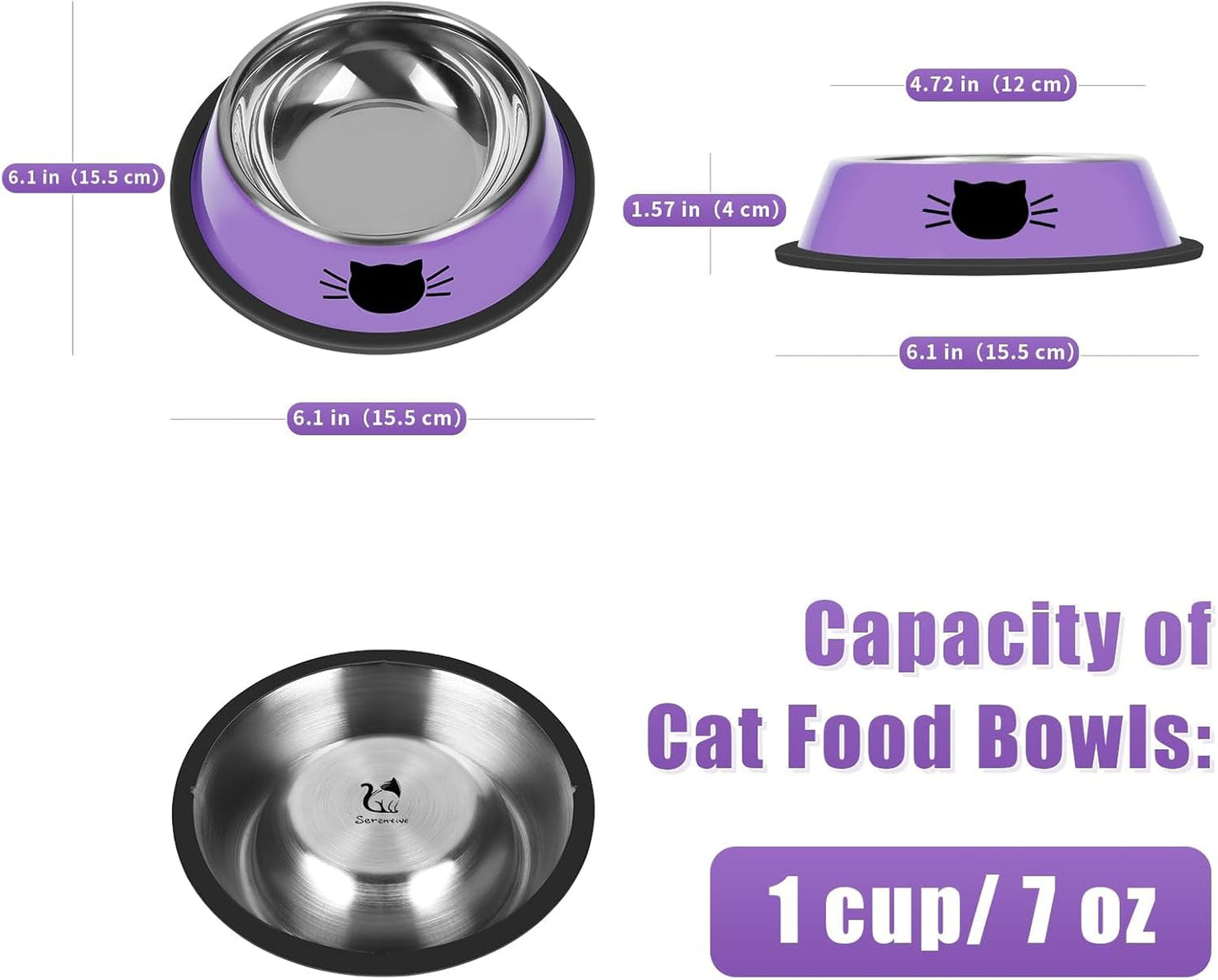 2 Pcs Non-Slip Stainless Steel Small Cat Food Bowls - Unbreakable, 7 Oz, Suitable for Indoor Small Pets - Removable Rubber Base, Easy to Clean, Lovely Color