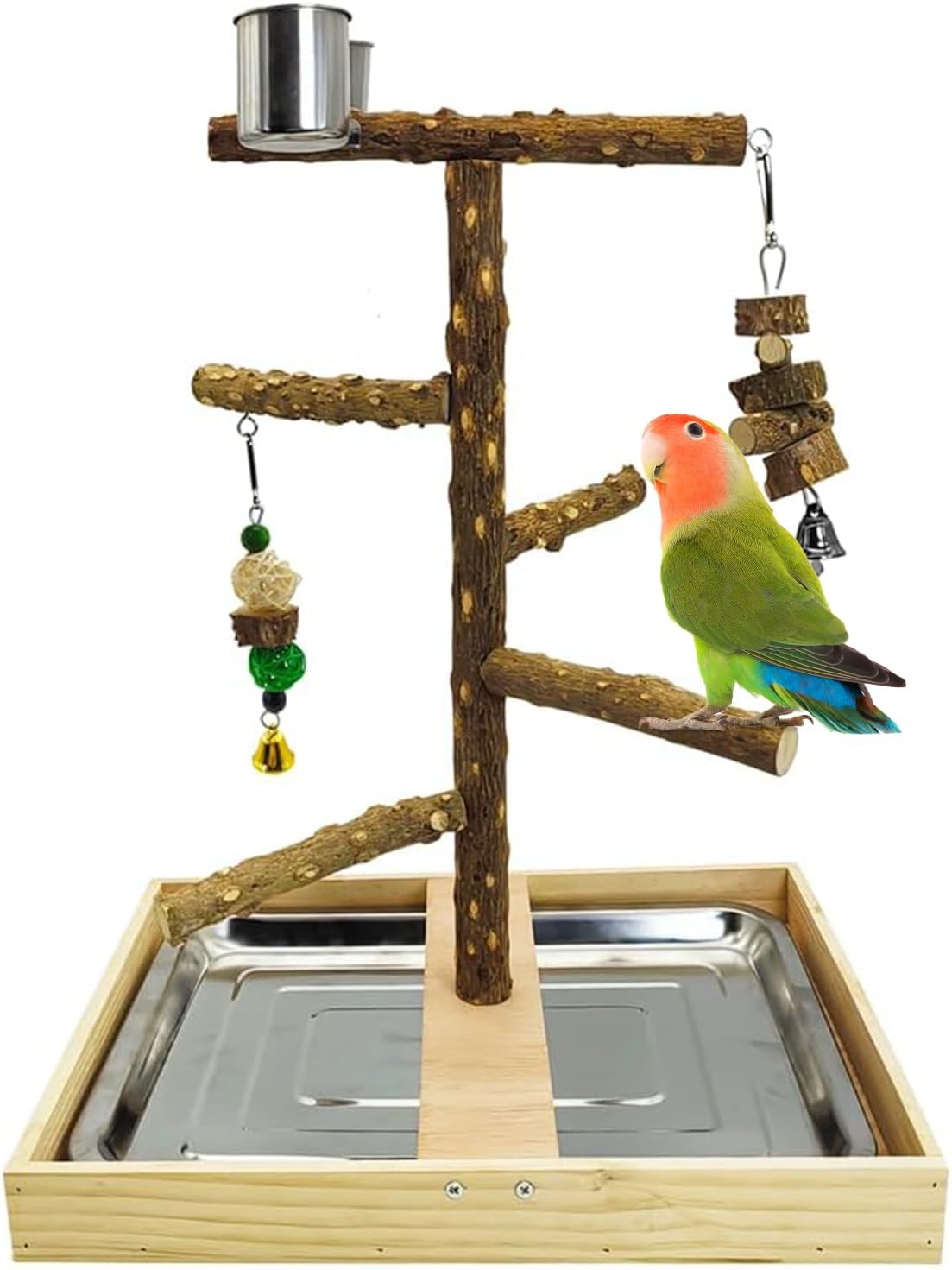 Tfwadmx Bird Perch Natural Wood Stand Toy Parrot Play Stand Platform Bird Cage with Removable Tray and 2 Stainless Steel Cups for Parakeets Canaries Cockatiels Conure Lovebirds