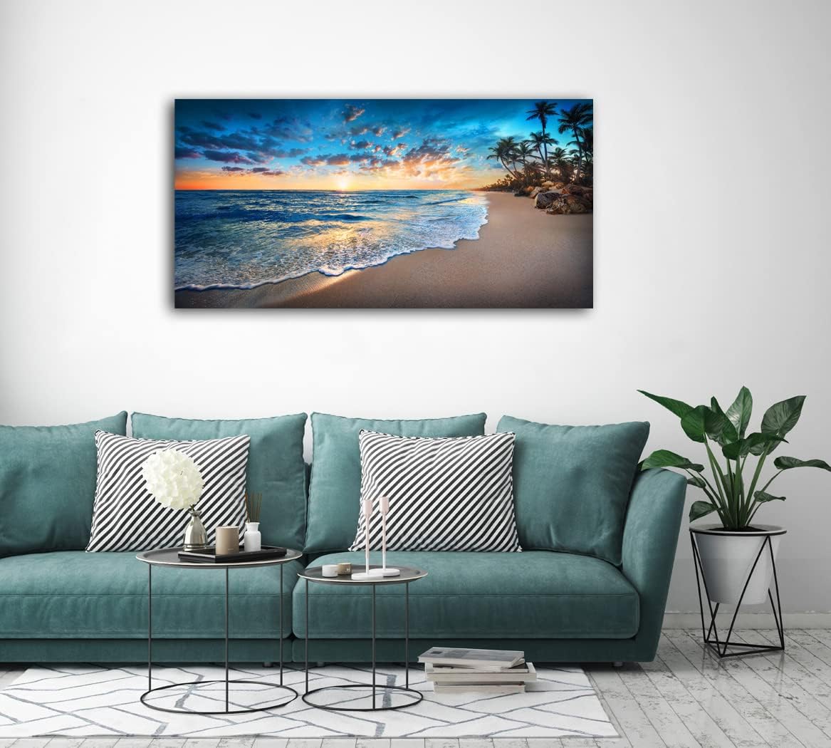 Jiuqinghua Canvas Prints Wall Art Blue Beach Ocean Landscape Paintings 1 panel Sunset Sea Waves Wall Decor Pictures Stretched and Framed for Living Room Bedroom and Office Decor Artwork 24x48inch