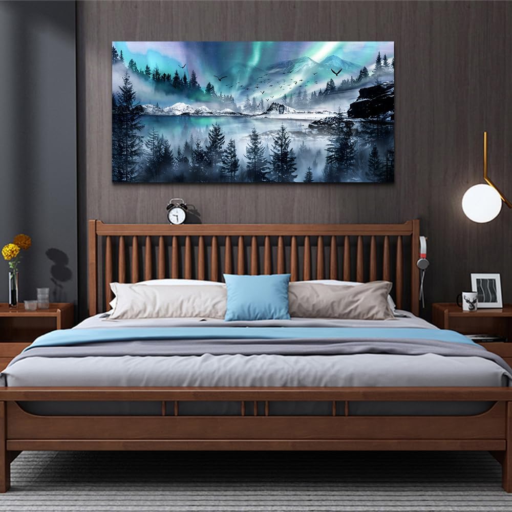 hyidecorart Large Wall Decorations For Office Canvas Wall Art For Living Room Stretched And Framed Canvas Prints Paintings Blue Aurora Scenery Wall Pictures Artwork Ready To Hang Hotel Mural 48x24