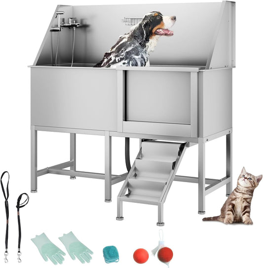 62" Professional Stainless Steel Dog Bathing Station, Large Dog Washing Station W/Dog Bath Brush, Washing Gloves, Floor Grate, Dog and Cat Bath Tub, Dog Washing Sink (62 Inch Left Door)