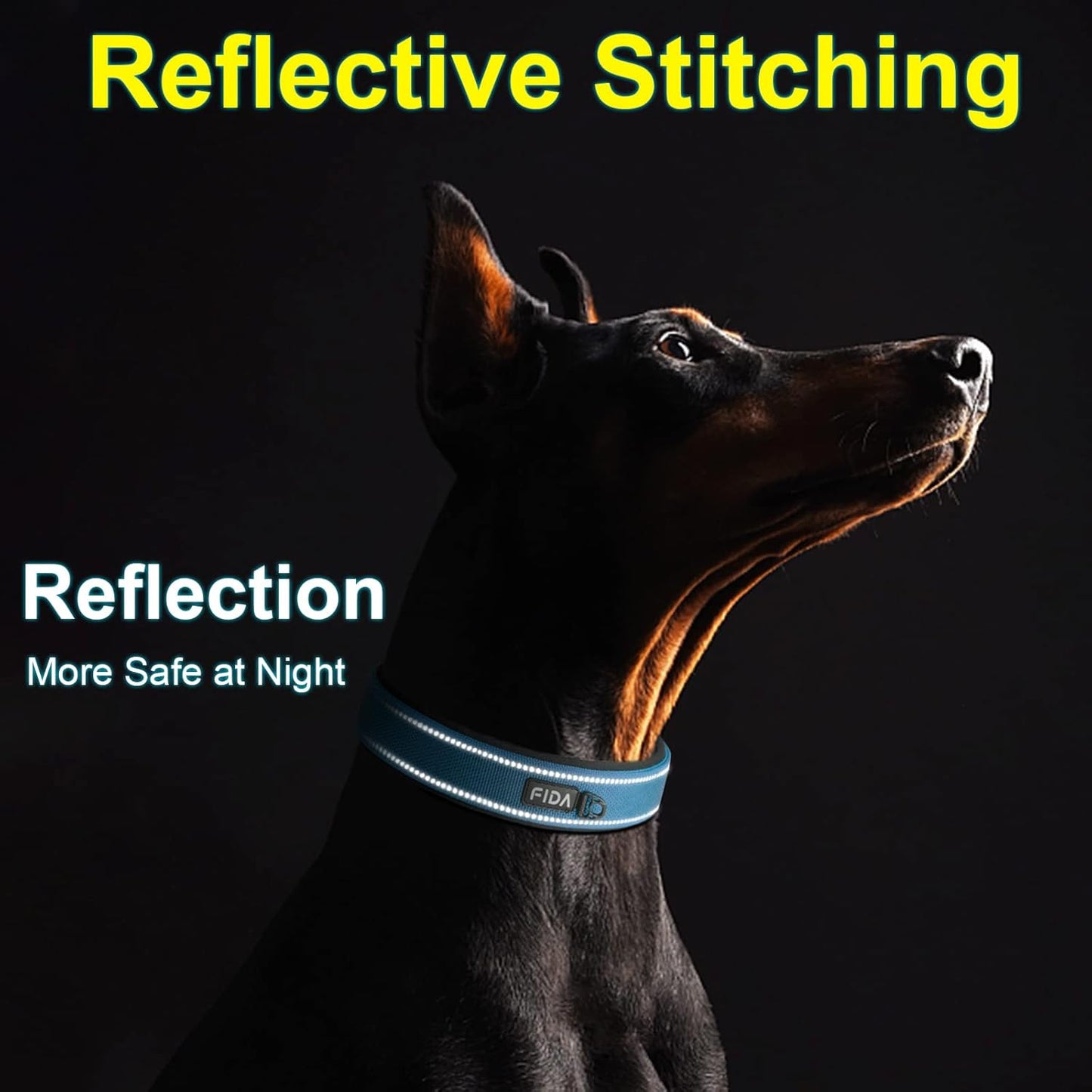 Fida Heavy Duty Dog Collar 1.5” Width, Ultra Soft Neoprene Padded, Adjustable Reflective Nylon Pet Collar with Two Metal Pin Belt Buckle for Extra-Large Breeds (XL, Blue)