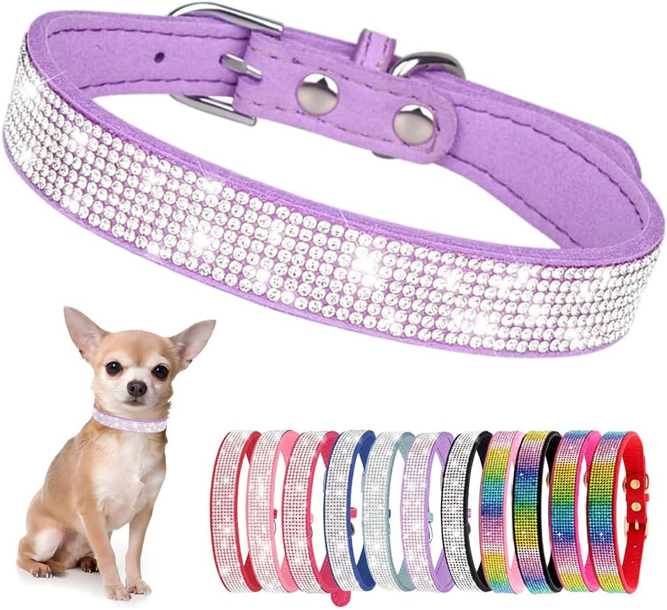Rhinestone Dog Collar for Small Dogs, Bling Diamond Fancy Crystal Glitter Pretty Jewel Pet Puppy Collars for XXS XS Small Medium Large Breed Girl Dogs Female Cats Kitten, Purple XL