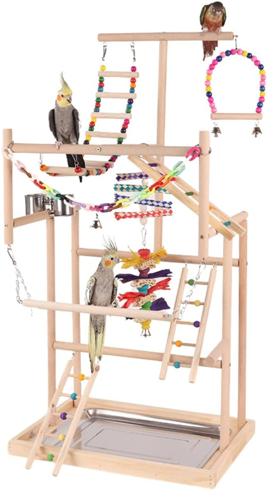 Bird Playstand Parrot Playground Wood Play Stand Gym Perch 4 Ladder Playgym with Exercise Toys Swings Feeder Cups Chewing Toys for Cockatoos Lovebirds Playgym Parakeets Cockatoo Macaw Random Color