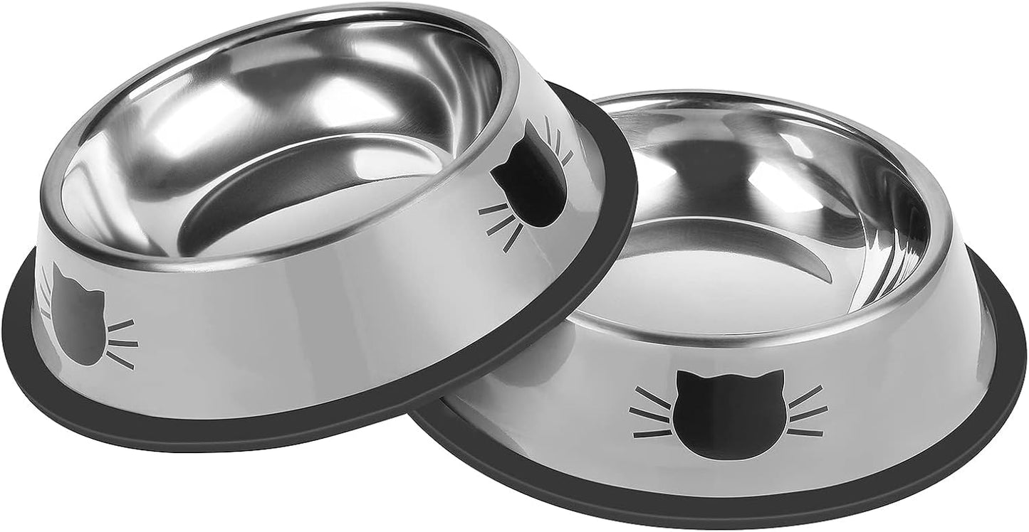 2Pcs Cat Bowls Non-Slip Stainless Steel Small Cat Food Bowl Unbreakable Thick Rubber Base Easily Clean Lovely Color