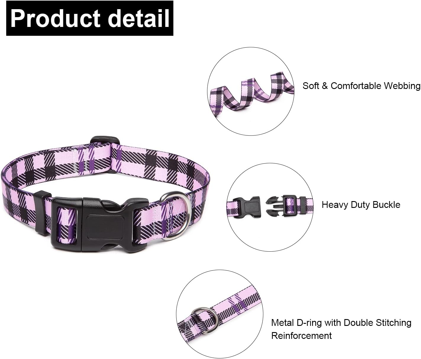 Mercano Adjustable Dog Collar - Special Design Patterns, Soft Nylon Comfortable Durable Pet Collar for Small Medium Large Dogs (S, Purple Plaid)