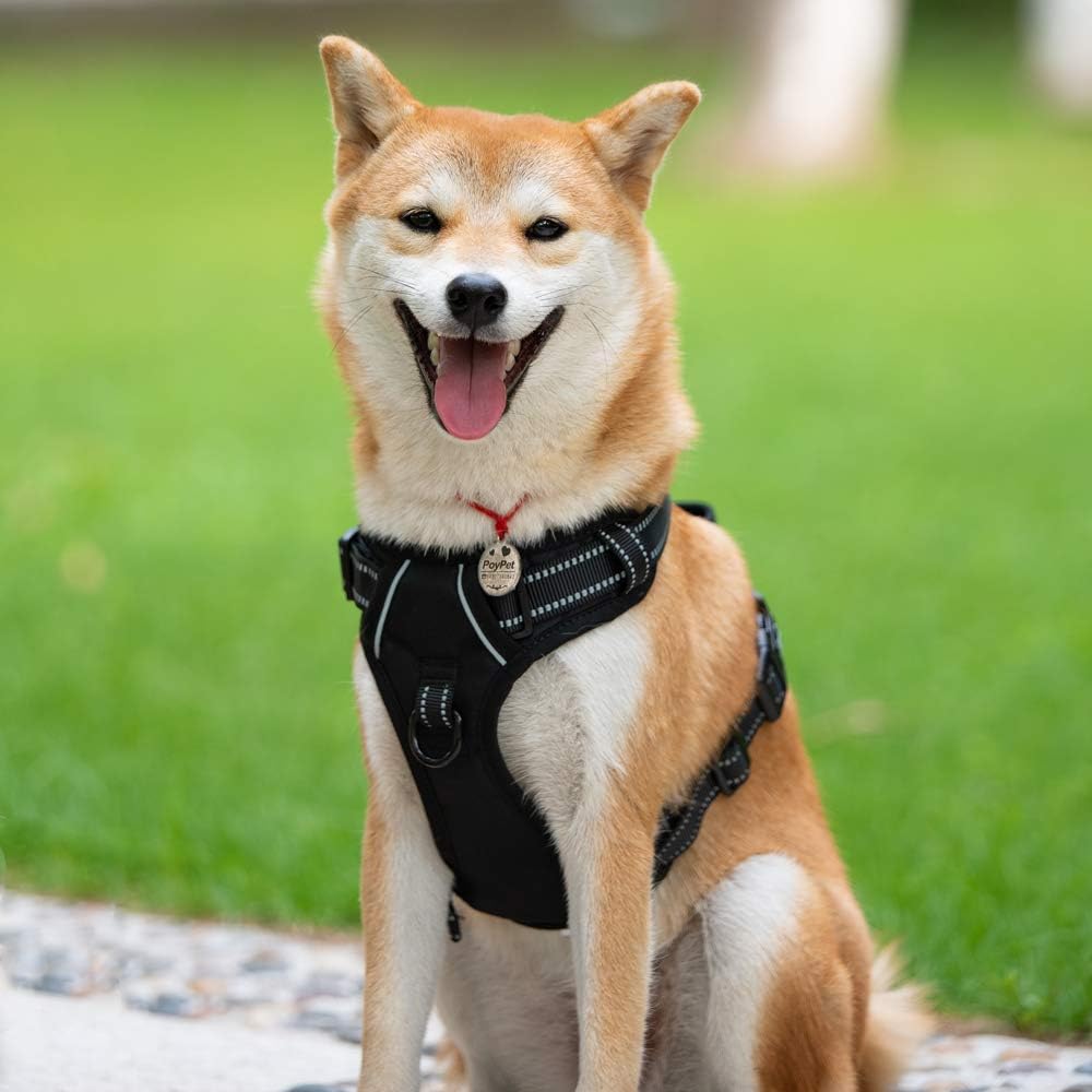 PoyPet No Pull Dog Harness, Reflective Comfortable Vest Harness with Front & Back 2 Leash Attachments and Easy Control Handle Adjustable Soft Padded Pet Vest for Small to Large Dogs (Black,XS)