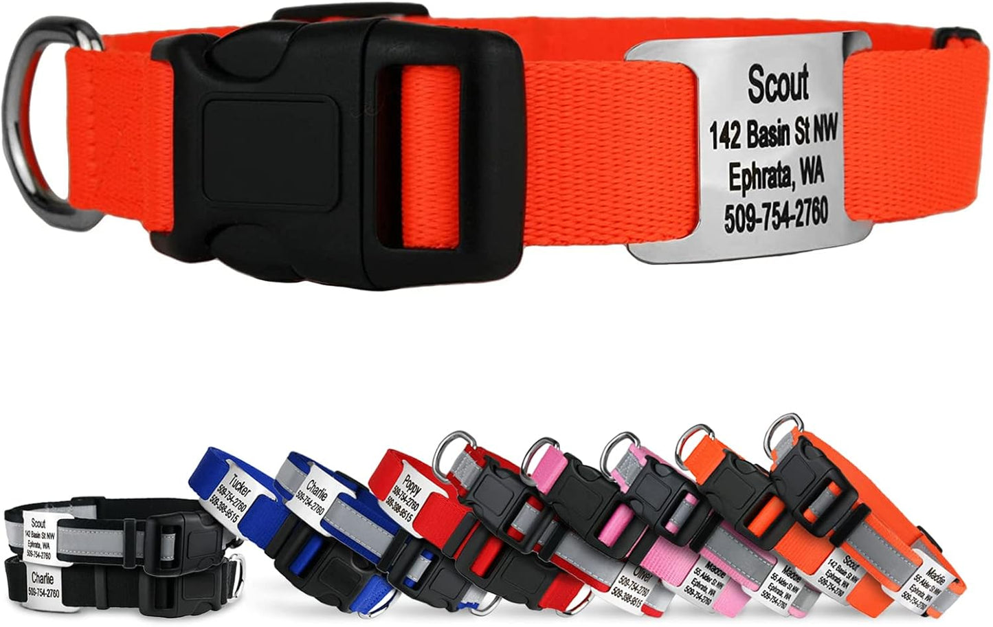 GoTags Personalized Dog Collar with Nameplate, Adjustable Dog Collar with Custom Engraved Slide On Pet ID Tag in Stainless Steel, Silent, No Noise Dog Tag for Large Medium and Small (Orange, Medium)