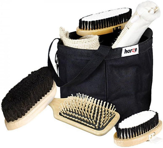 HORZE 7-Piece Set Wooden Horse Grooming Kit with Nylon Grooming Tote Bag - Black - One Size