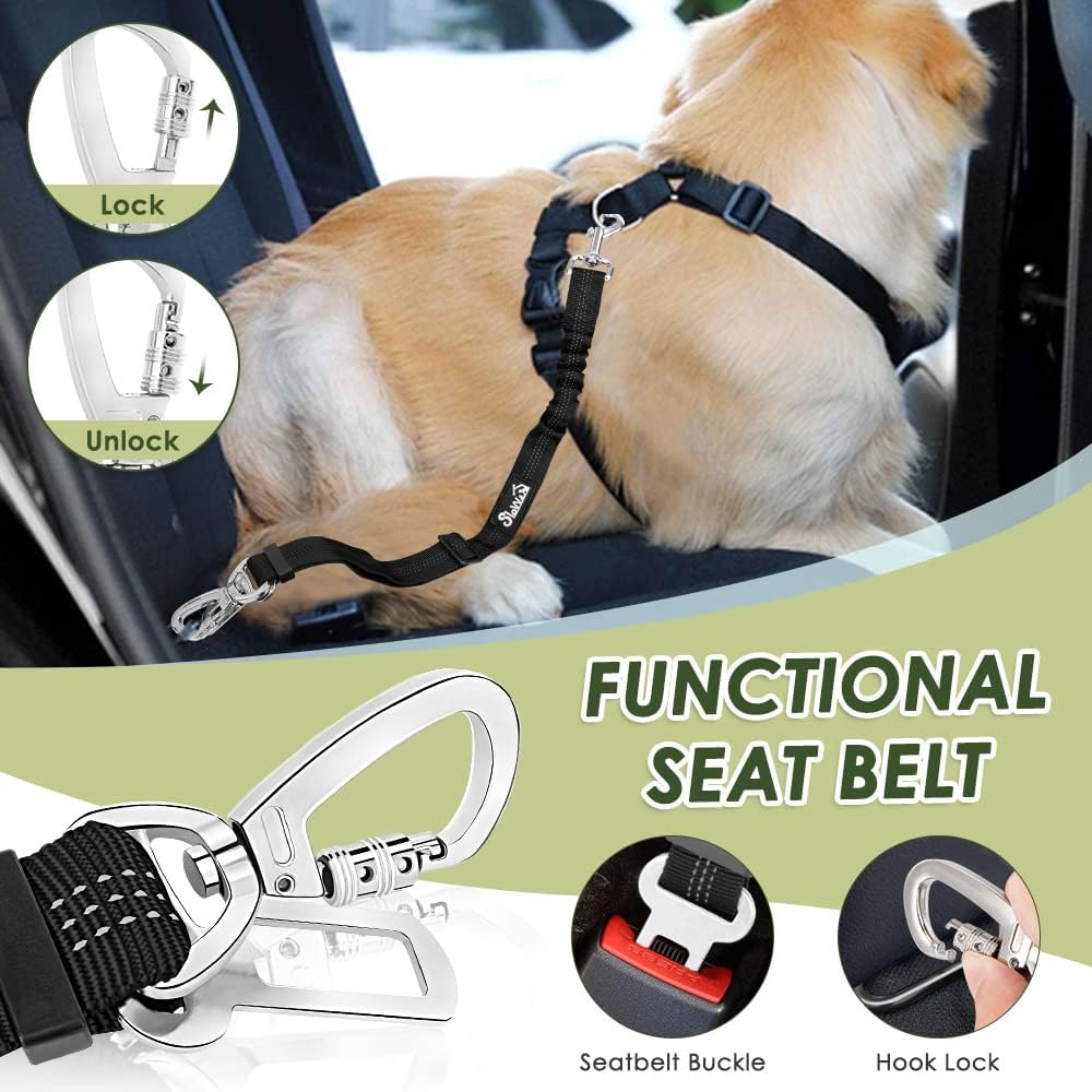 SlowTon Dog Seat Belt Harness for Car, Dog Car Harness Adjustable Mesh Breathable & Dog Seatbelt Safety Tether with Elastic Bungee for Small Medium Large Pets(Lime, Double Clip, M)