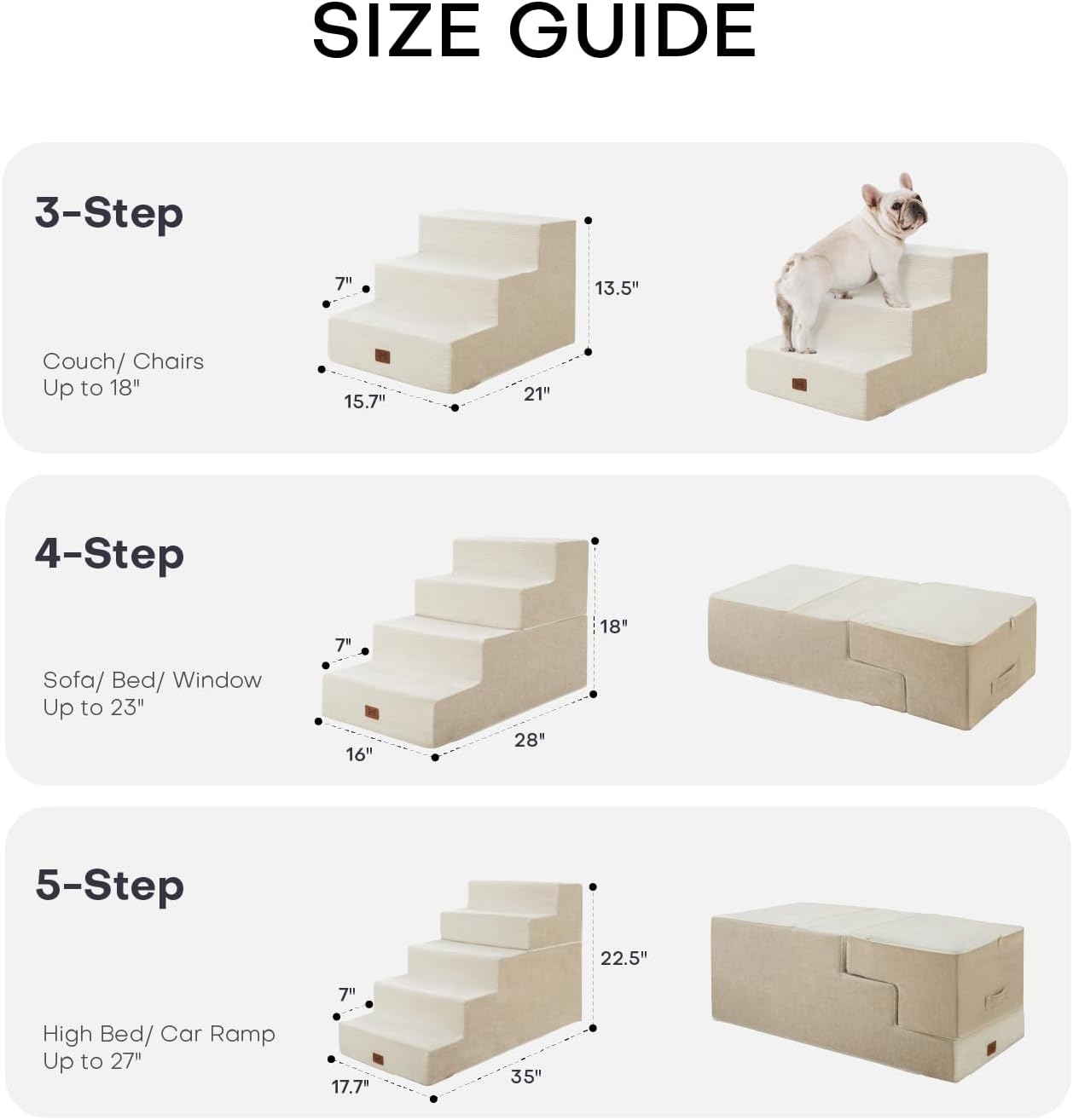 Dog Stairs for Bed, Dog Steps for Bed Couch Sofa, 35D Foam Pet Steps for Small Dogs and Cats, Extra Wide Pet Stairs with Non-Slip Bottom Beige, 3 Steps