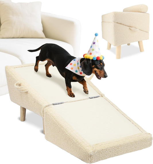 Dog Stairs for Small Dogs and Cats – 2-in-1 Dog Ramp for Bed and Couch, 16.5'' Foldable Wooden Pet Steps, Sturdy Multi-Use Split Ottoman Design, Beige