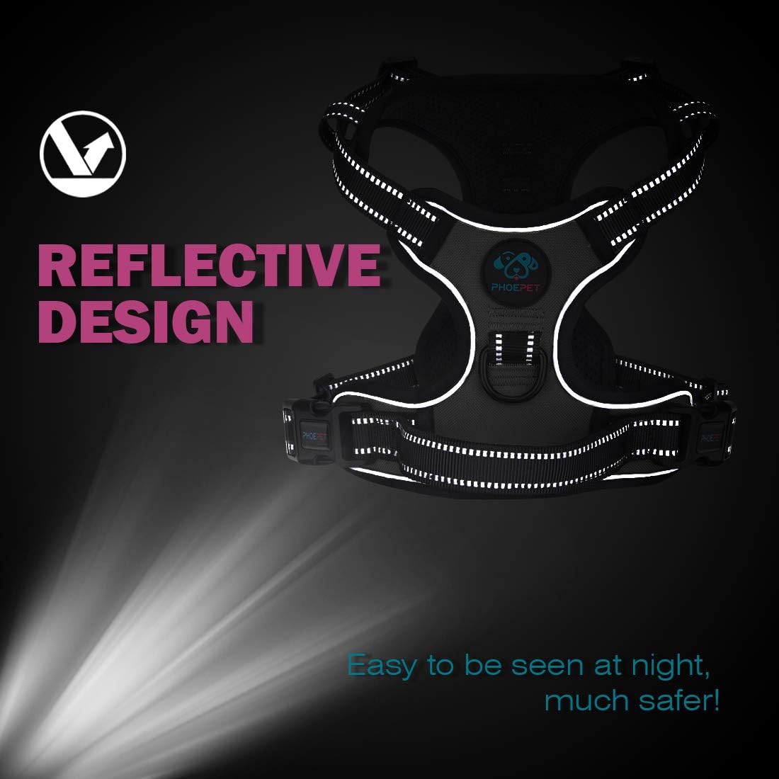 PHOEPET Reflective Dog Harness No Pull Large Breed Vest with 2 Metal Leash Attachment Hooks(XL, Pink)