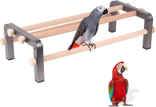 Large Bird Training Perch Long Stand for African Grey Macaw Big Birds, Durable Heavy Duty Rustproof Metal Frame with 4 Wooden Bars for Bird to Play Climb and Exercise Toy
