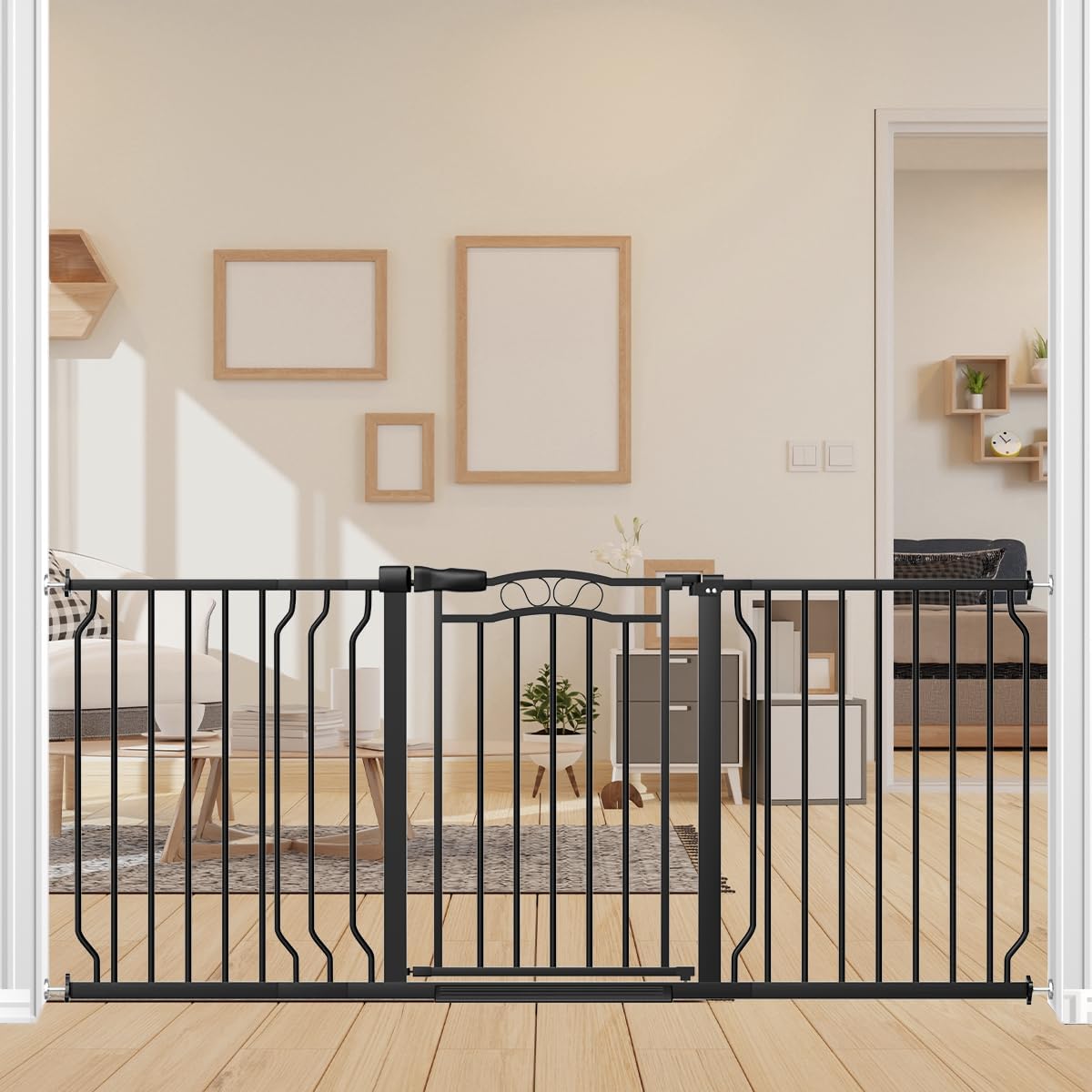 62.2-71.6" Extra Wide Baby Gate for Stairs No Drilling, 30" Tall Auto Close Press Mounted Baby Gate for Doorways, Adjustable Width Walk Through Long Gates for Kids or Pets, Black