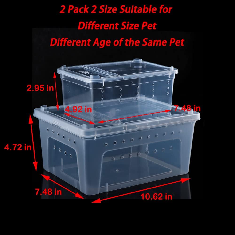 2 Pack Reptile Box Escape-Proof Breeding House Portable Reptile Terrarium Habitat for Reptile Crickets Snails Hermit Crabs Baby Tortoise Snakes Tarantulas Geckos Frogs Lizards (S and L)