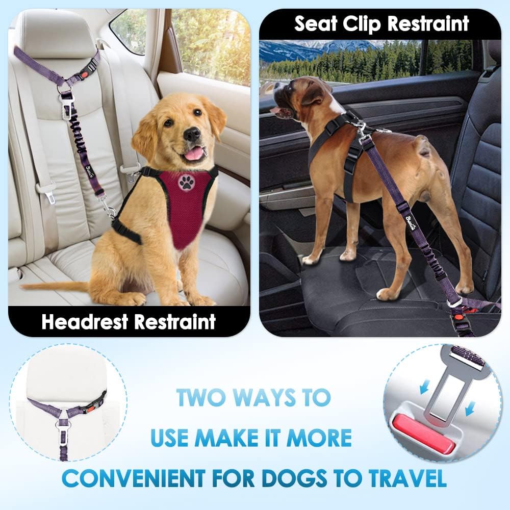 SlowTon Dog Seat Belt for Car, 2 Pack Dog Car Harness Seatbelt Adjustable with Elastic Bungee Buffer, 2 in 1 Pet Car Leash Headrest Restraint Dog Reflective Safety Tether (Purple, Headrest+Clip)