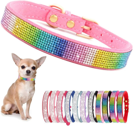 Rhinestone Dog Collar for Small Dogs, Bling Diamond Fancy Crystal Glitter Pretty Jewel Pet Puppy Collars for XXS XS Small Medium Large Breed Girl Dogs Female Cats Kitten, Colorful Pink XXSmall