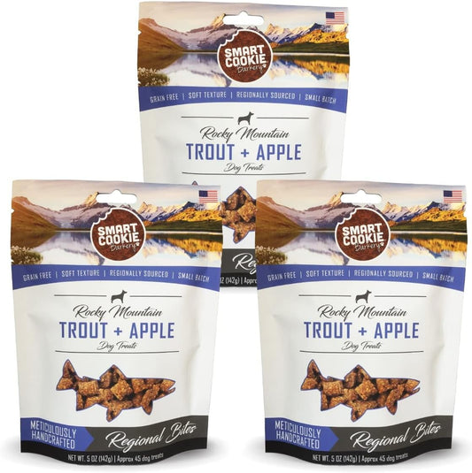 Smart Cookie All Natural Dog Treats - Trout & Apple - Training Treats for Dogs with Allergies, Sensitive Stomachs - Soft Dog Treats, Grain Free, Chewy, Human-Grade, Made in USA - 5oz, Pack of 3
