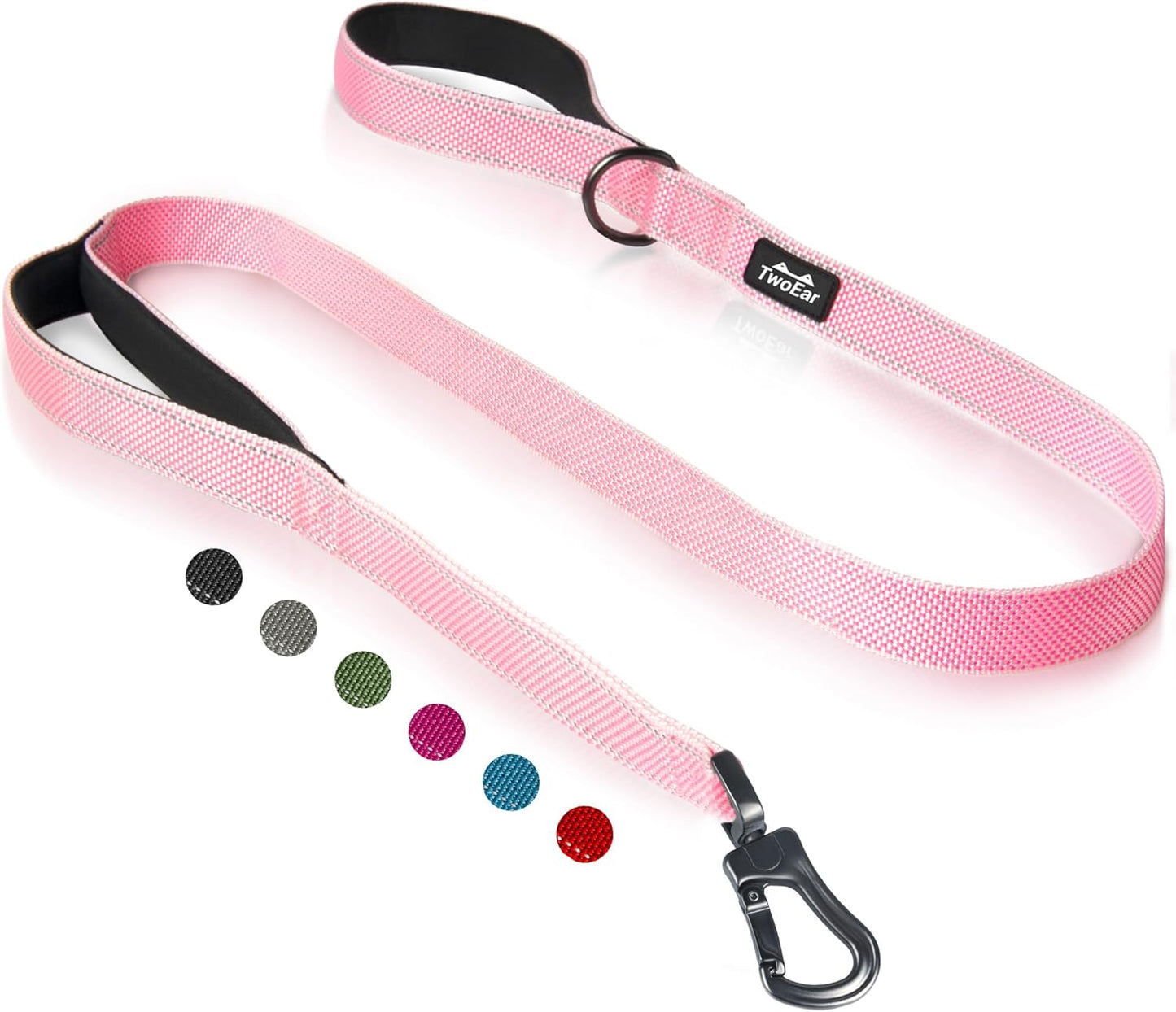 TwoEar 5FT 1IN Strong Pink Dog Leash with 2 Padded Handles, Traffic Handle Extra Control, Comfortable Soft Dual Handle, Auto Lock Hook, Reflective Walking Lead for Small Medium and Large Dogs
