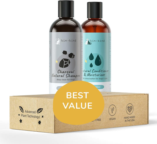kin+kind Natural Pet Shampoo + Conditioner for Itchy Dogs and Cats - Dog Shampoo for Itchy Skin - Cat & Dog Shampoo and Conditioner with Activated Charcoal & Moisturizing Shea Butter - Made in USA