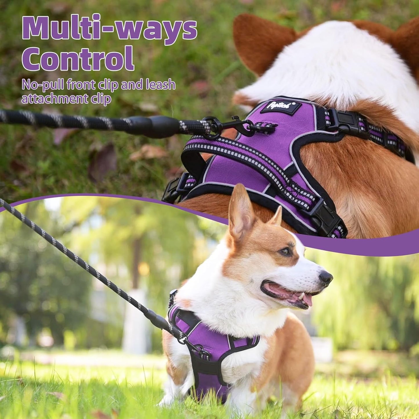 PUPTECK No Pull Dog Harness for Large, Adjustable Reflective Dog Harness with Handle Easy Control, Comfortable Soft Padded Pet Vest Harness for Extra Large Dogs, Solid Purple XL