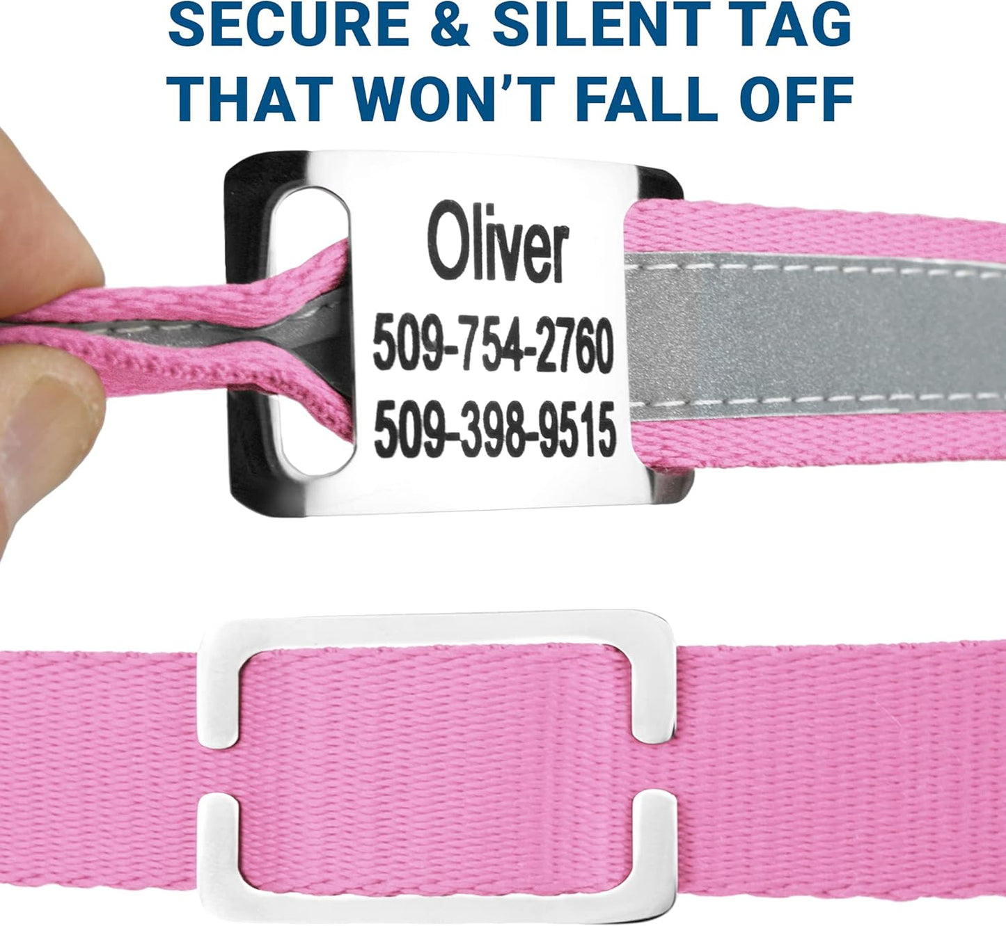 GoTags Reflective Personalized Dog Collar with Nameplate, Adjustable Dog Collar with Custom Engraved Steel Slide On Pet ID Tag, Silent, No Noise Dog Tag for Large Medium or Small (Pink, Small)