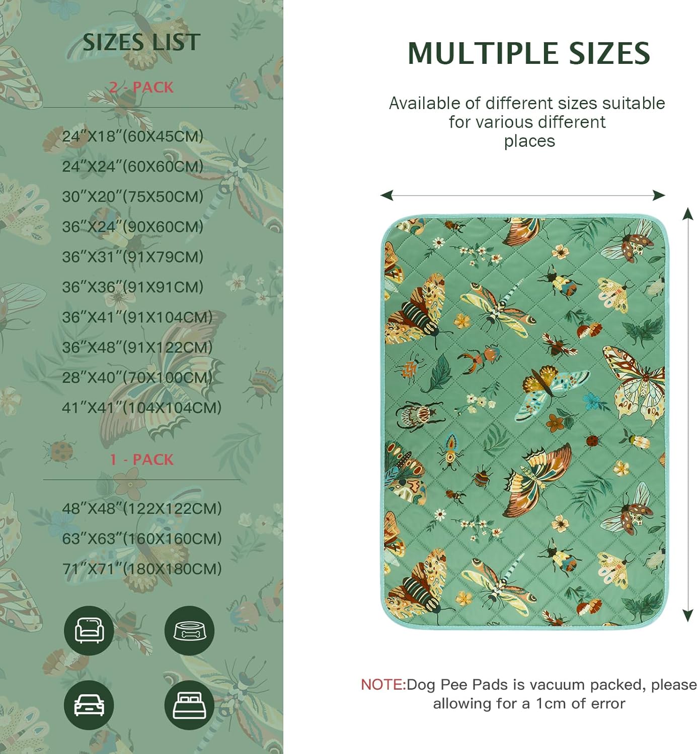 IEUUMLER Washable Pee Pads for Dogs, 1 Pack Insect Pattern Reusable Waterproof Puppy Potty Pads, Non-Slip Absorbent Pet Training Pads for Playpen Crate Bed EU014