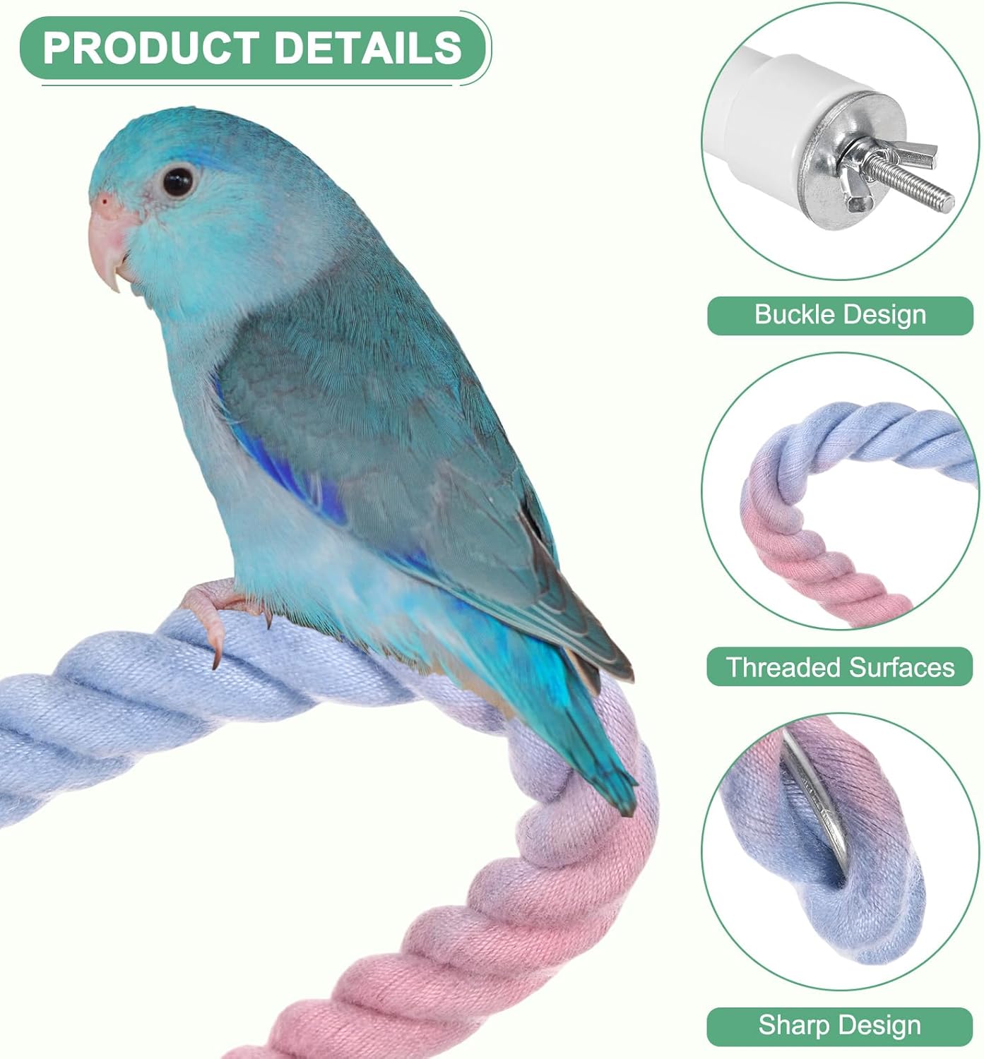 2-Pack Rope Perches for Bird Cages, 23.6 in Length Comfort Grip Flexible Rope Perch Beak & Paw Grinding for Parrots/Cockatiels/Parakeets, Bird Platform Sand [Pink Blue]