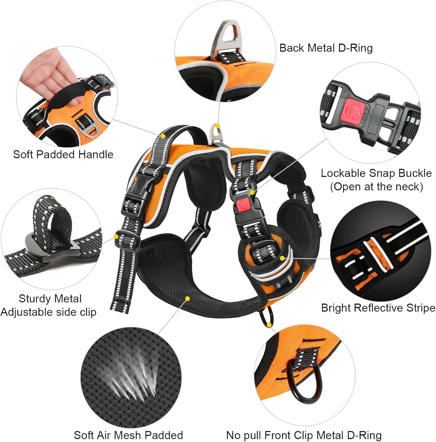 Timos Dog Harness Large Sized, No Pull with Neck Lockable Snap,No Choke Front Clip Dog Reflective Harness,Adjustable Metal Rings 3 Buckles,Easy Control Handle for Large Dogs Orange XL