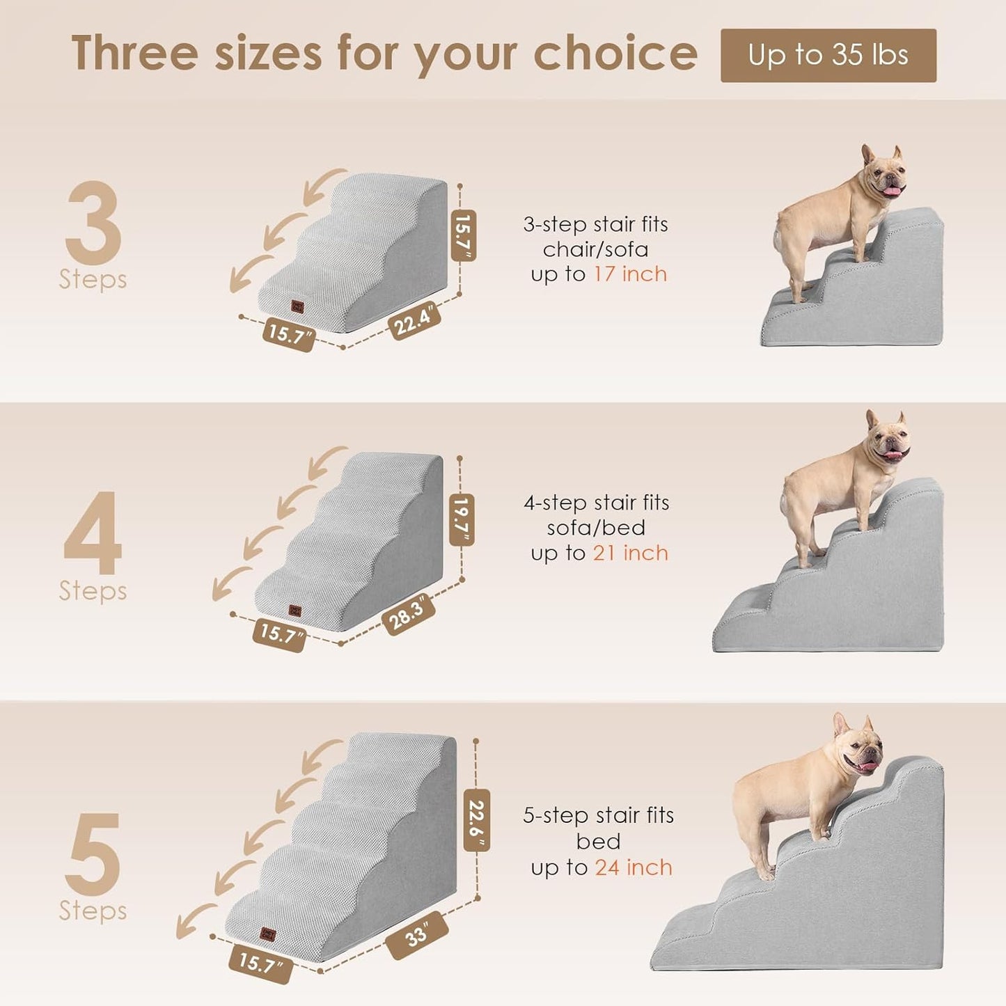 EHEYCIGA Curved Dog Stairs Ramp for Small Dogs 15.7" H, 3-Step Dog Steps for Couch Sofa and Chair, Pet Stairs for Cats, Non-Slip Balanced Pet Steps Indoor, Light Grey