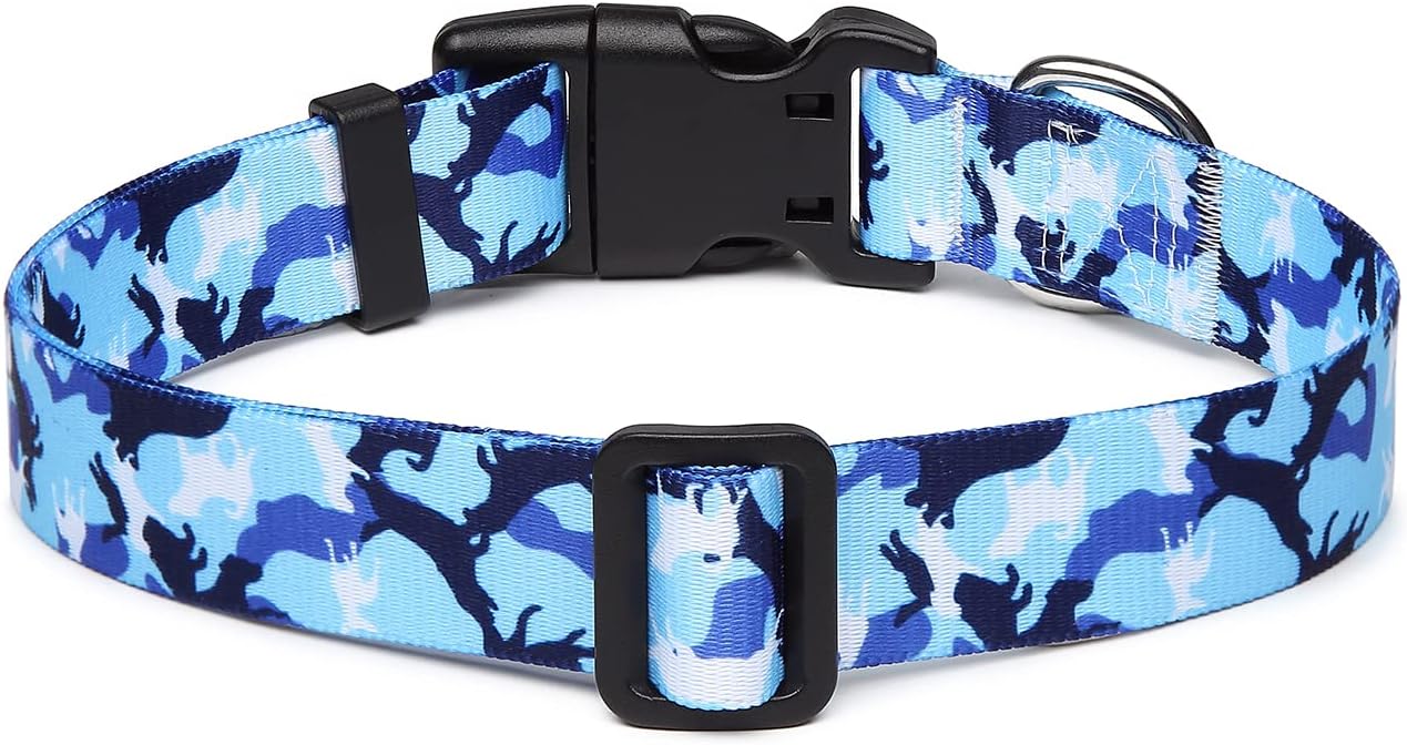 Mercano Adjustable Dog Collar - Special Design Patterns, Soft Nylon Comfortable Durable Pet Collar for Small Medium Large Dogs (M, Dog Camouflage Blue)