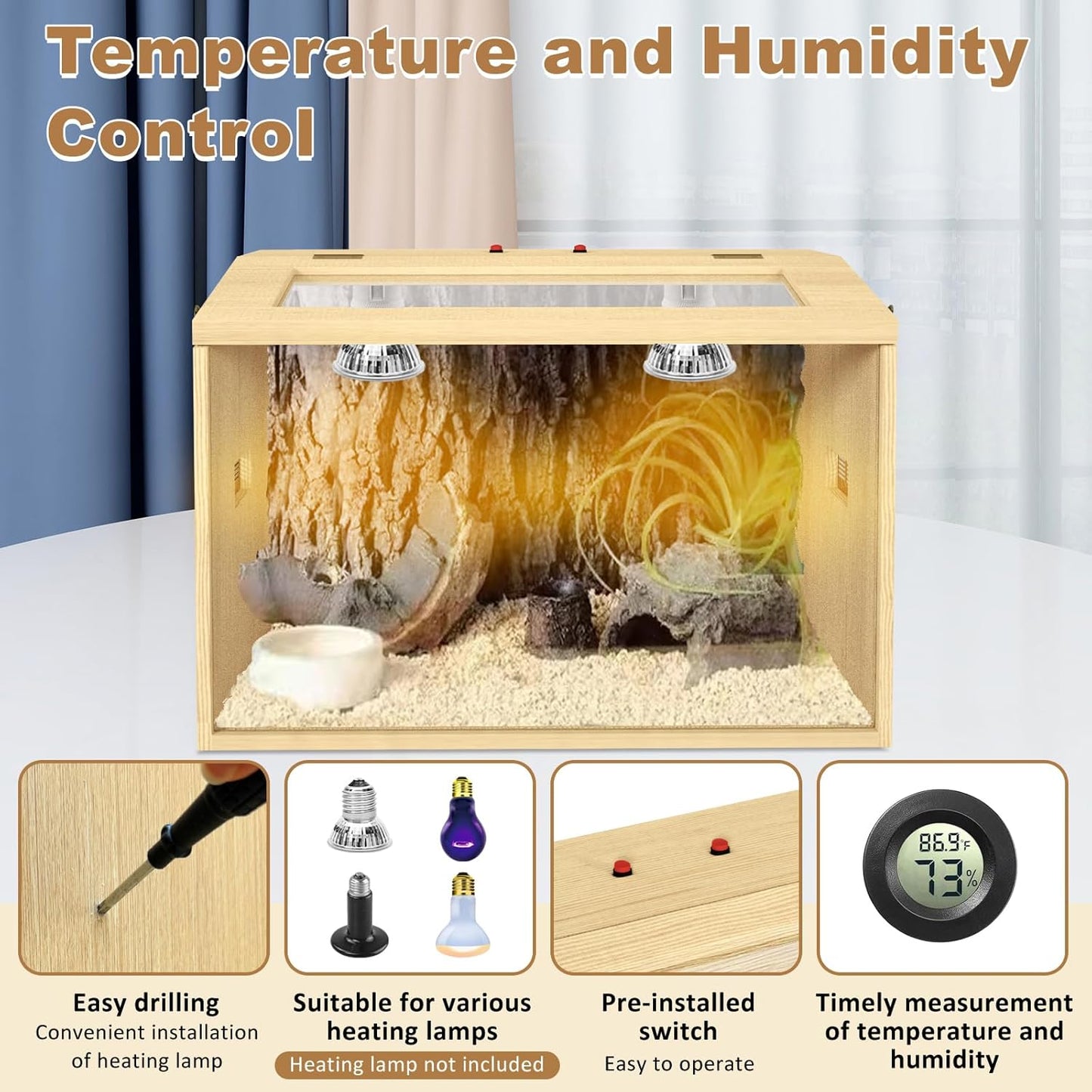 26 Gallon Bearded Dragon & Lizard Tank, Lockable Reptile Terrarium - Large Snake & Leopard Gecko Enclosure with Openable Roof Door (Wooden, 24" L x 16" W x 16" H)