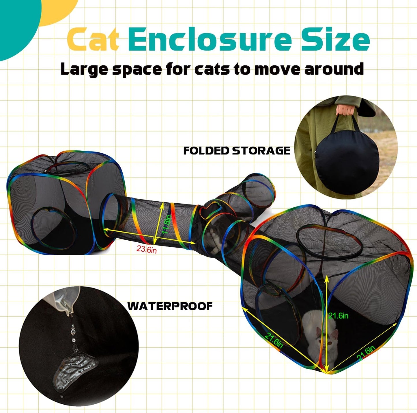 LUCKITTY Outdoor Rainbow Cat Enclosures Playground,Outside House for Indoor Cats Include Portable Tent, 3 Way with 2 Cube Tunnel, for Kitty and Small Animals,Within Storage Bag