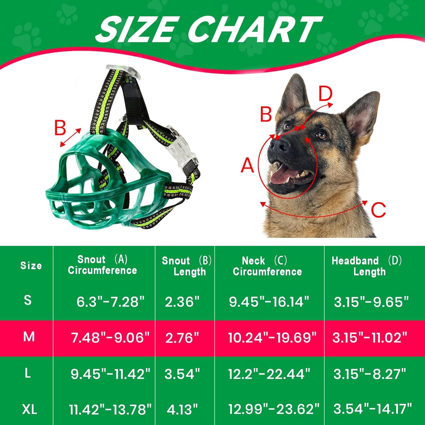 Dog Muzzle, Basket Muzzle for Small Medium Large Dogs, Anti-Biting and Chewing, Lightweight & Sturdy Cage Design, Allows Panting & Drinking, Ideal for Grooming & Training(Green Size M)