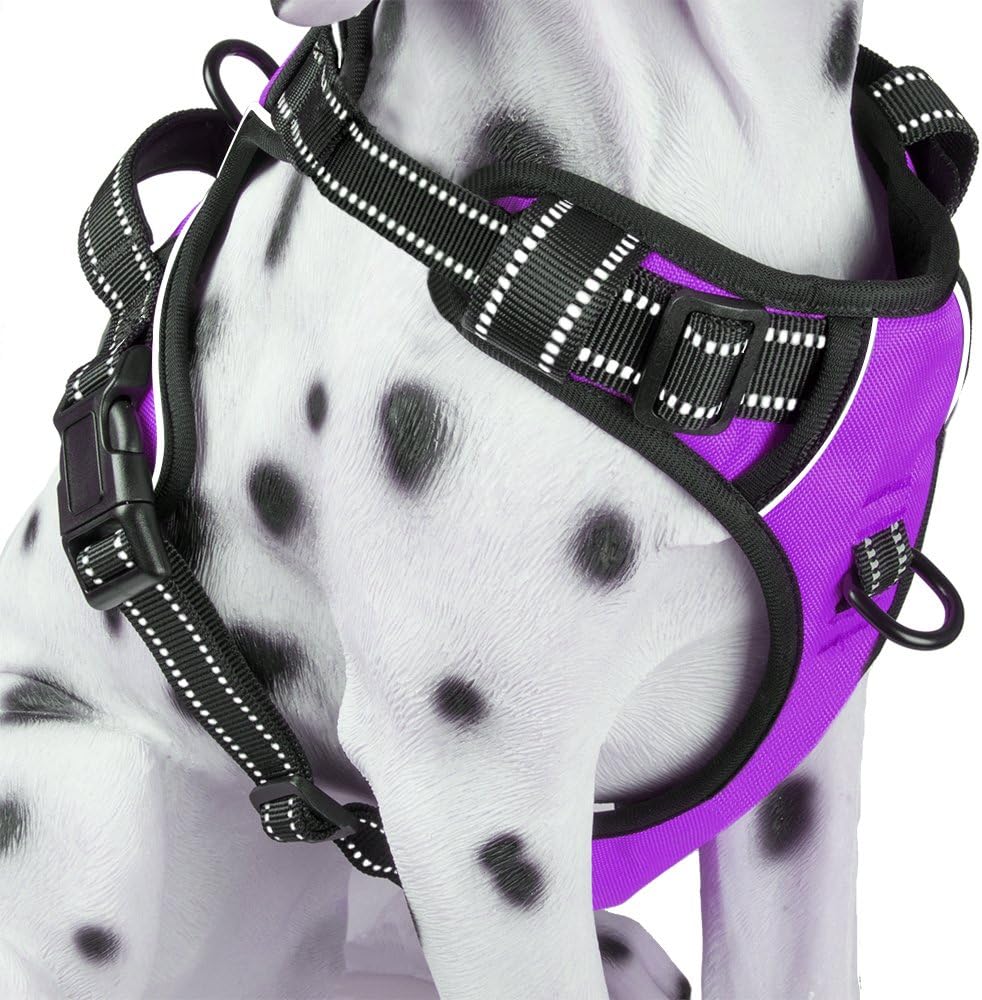 PoyPet No Pull Dog Harness, Reflective Comfortable Vest Harness with Front & Back 2 Leash Attachments and Easy Control Handle Adjustable Soft Padded Pet Vest for Small to Large Dogs (Purple,M)