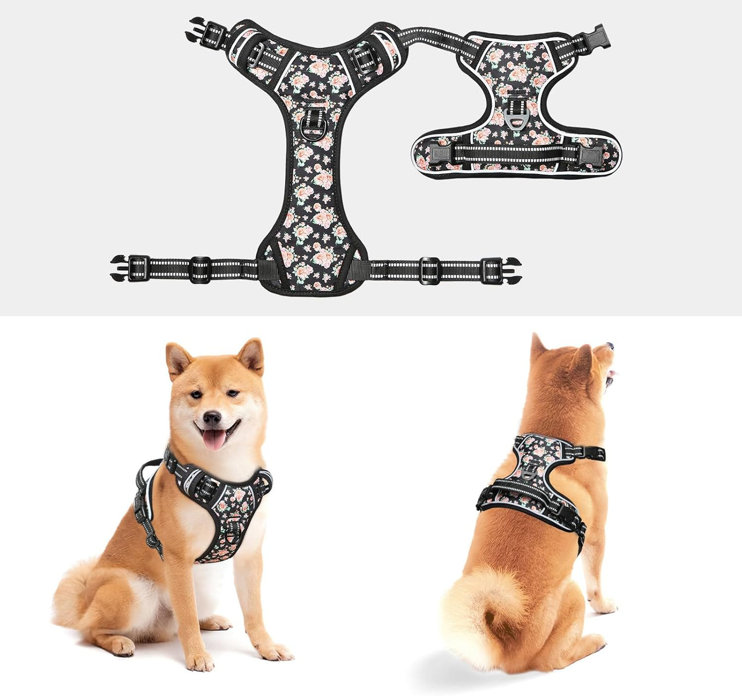 Timos Dog Harness, NO Need Go Over Dogs Head 3 Snap Buckles with 2 Leash Clips, Adjustable Soft Padded No-Pull Dog Harness, Reflective No-Choke Pet Oxford Vest for Small Medium Large Dogs