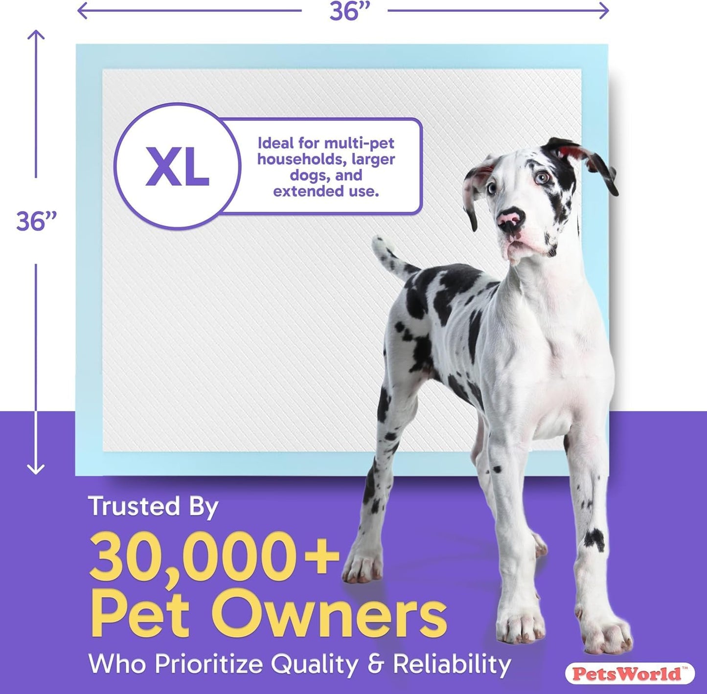 PETSWORLD Giant Dog Potty Pads, Odor-Eliminating, 36" x 36", Ultra Absorbent 5-Layer Leak-Proof Training Pads for Dogs & Cats (36x36, 600 Count)