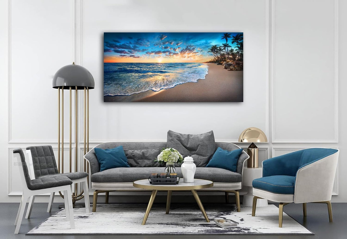 Jiuqinghua Canvas Prints Wall Art Blue Beach Ocean Landscape Paintings 1 panel Sunset Sea Waves Wall Decor Pictures Stretched and Framed for Living Room Bedroom and Office Home Decor Artwork