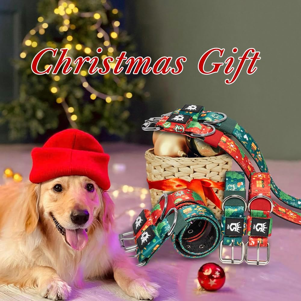 TSPRO Tactical Dog Collar 1.5 Inch Wide Thick Dog Collars with Heavy Duty Metal Buckle, Durable, Strong, Adjustable for Medium to Large Dogs (Christmas Green L)