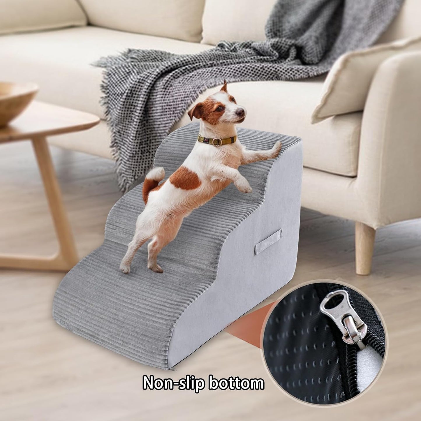 High Density Foam Dog Stairs Steps, 17.8’’ Non-Slip Extra Wide Deep Pet Steps for Beds Or Couches, for Injured or Older Pets Dogs and Cats with Joint Pain, 3-Tiers (Grey)