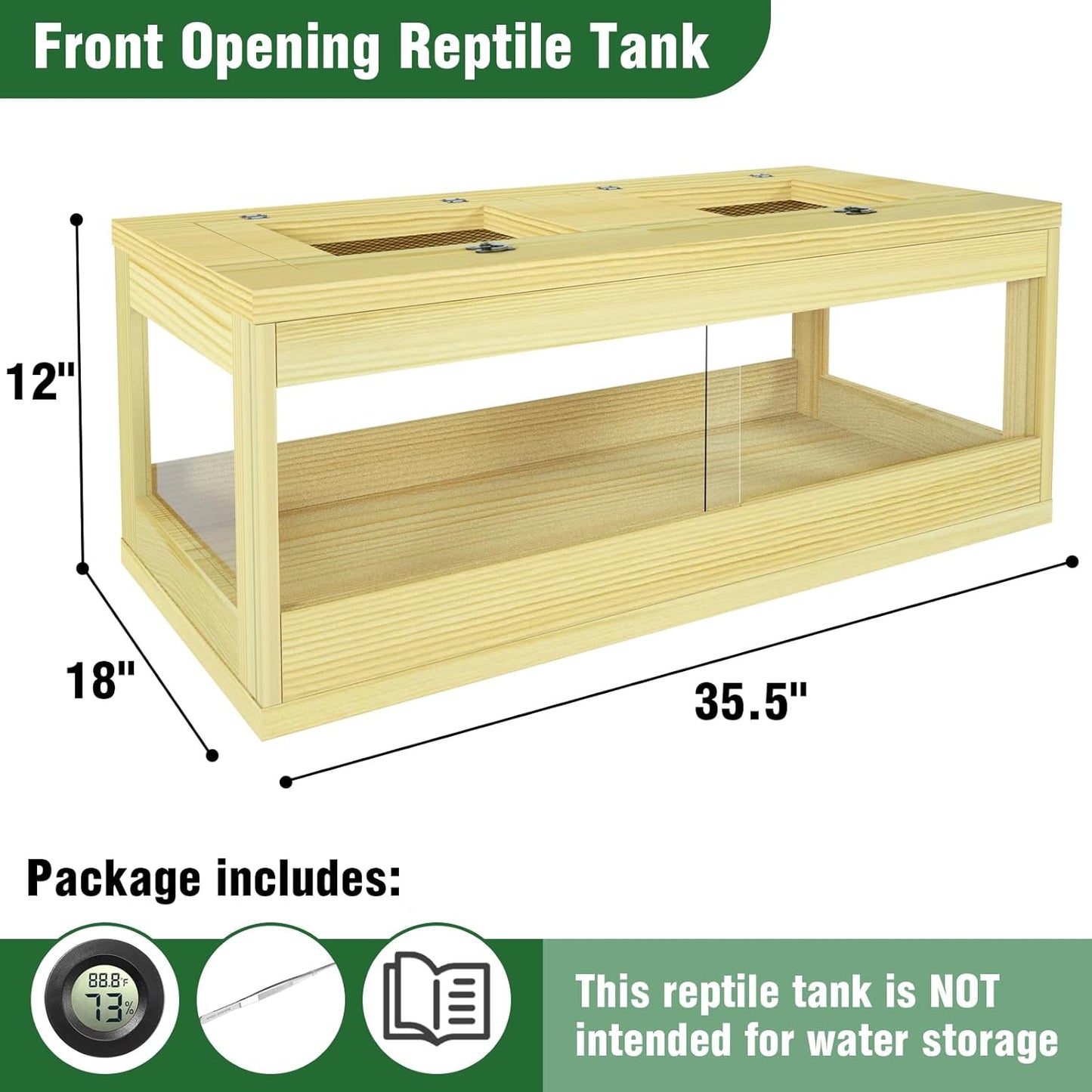 32 Gallon Reptile Tank, Solid Wood Bearded Dragon Tank, Front Opening Snake Enclosure, Lockable Sliding Doors, Small Reptile Terrarium for Lizard, Leopard Gecko, 36" x 18" x 12"