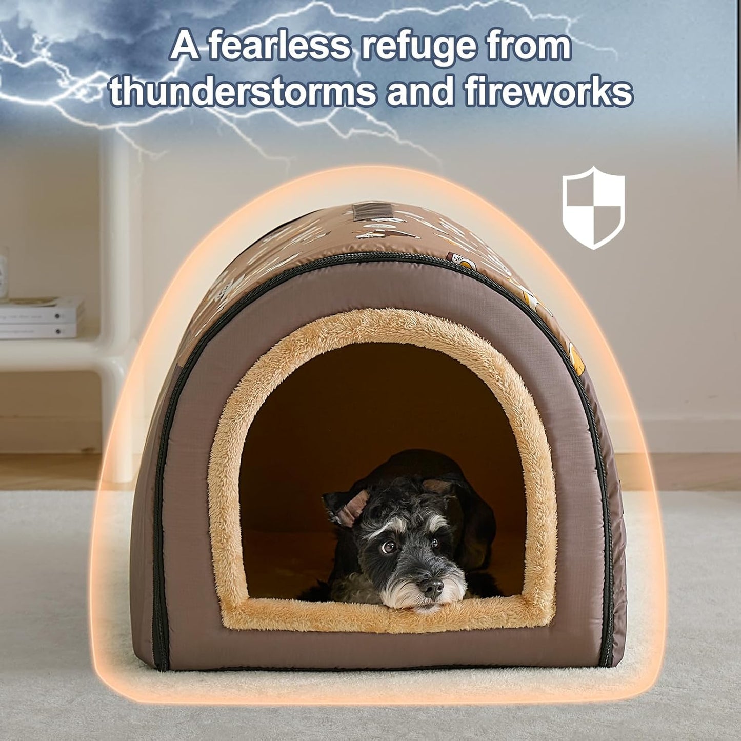 Jiupety Indoor Dog House, 2-in-1 Portable Foldable House Bed with Cover, Pet Tent & Cave Bed for Medium Dogs, XL(29"×21"×20"), Up to 44 Lb, Brown