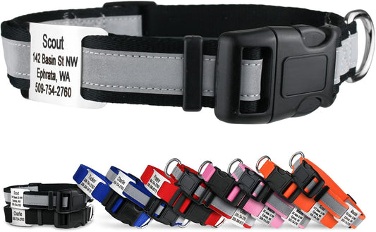 GoTags Reflective Personalized Dog Collar with Nameplate, Adjustable Dog Collar with Custom Engraved Steel Slide On Pet ID Tag, Silent, No Noise Dog Tag for Large Medium or Small (Black, Large)