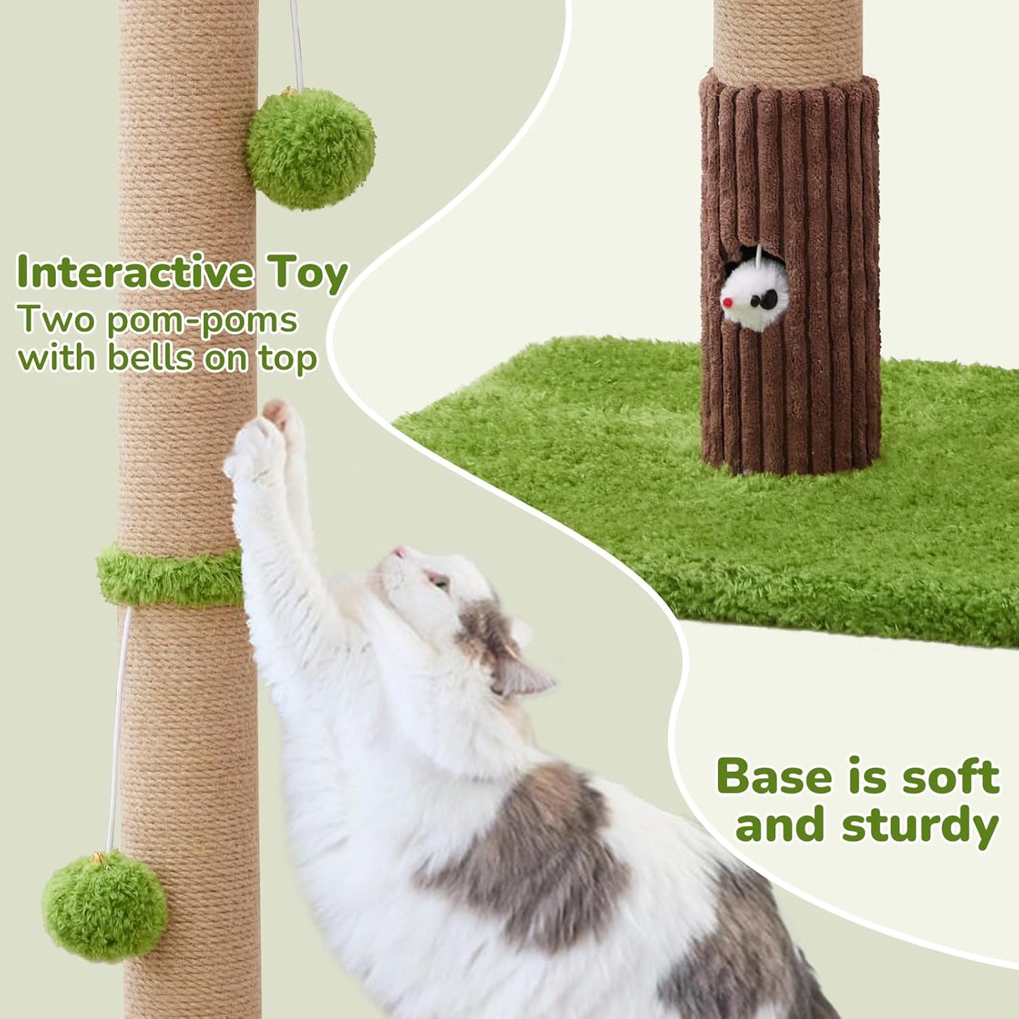 33" Tall Cat Scratching Post for Indoor Cats, Premium Sisal Scratch Posts with Cat Toys and Fun Mouse Holer for Cats at All Ages, Scratcher Tree with Reinforced Stable Base (Green)
